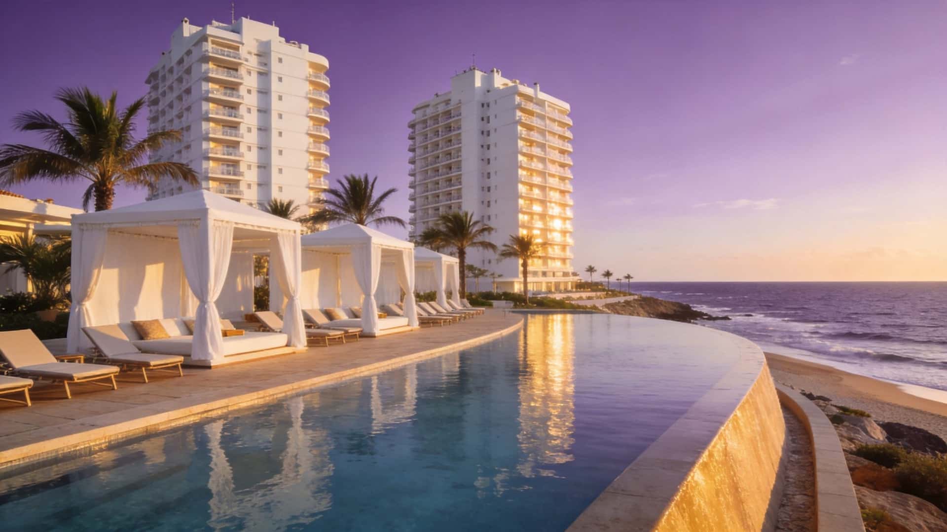 Infinity pool deck with cabanas and ocean view