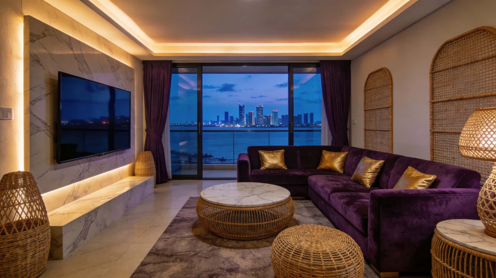 Stylish shortlet living room with Lekki skyline view