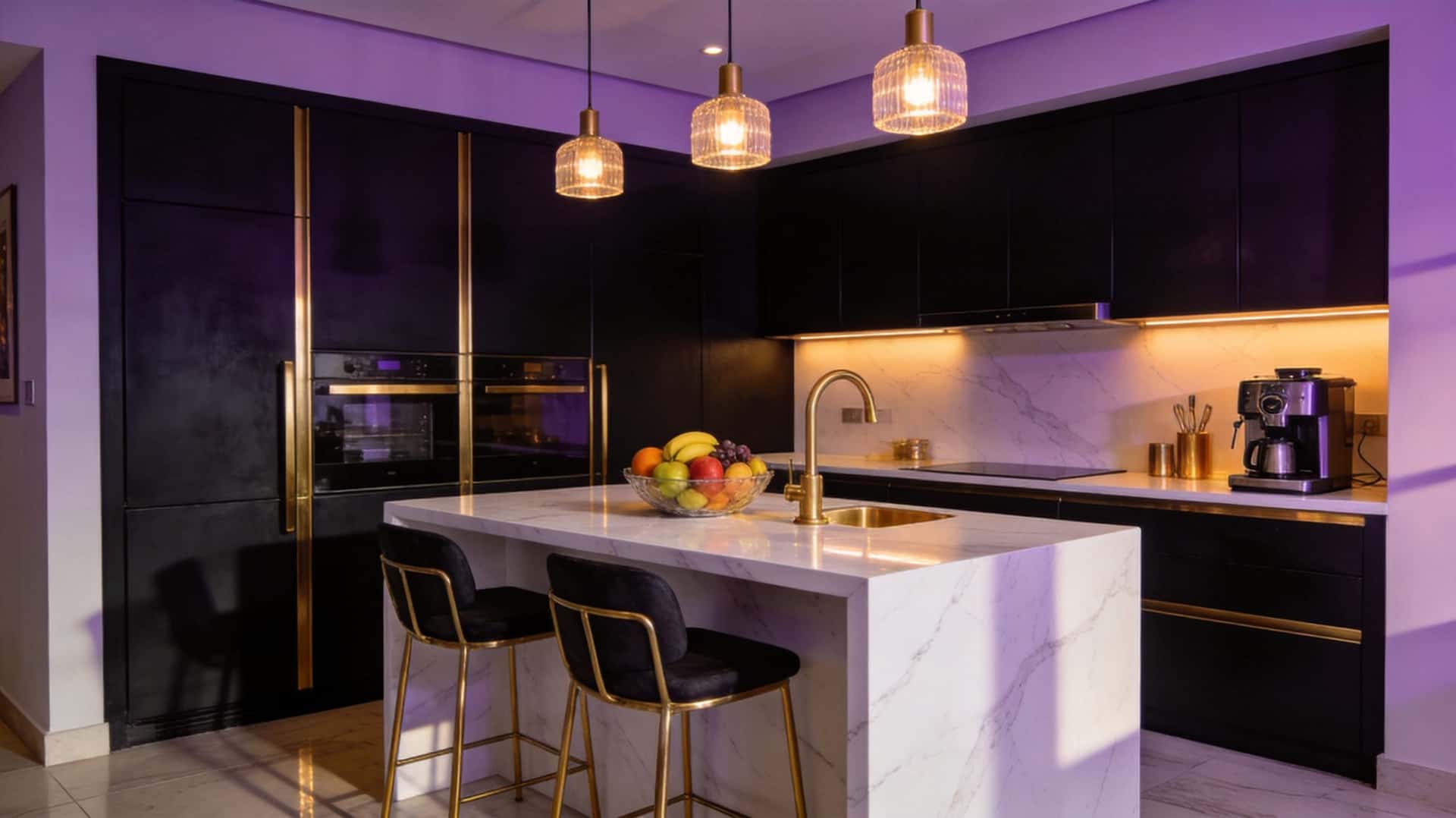 Open-plan marble kitchen in a Lekki shortlet