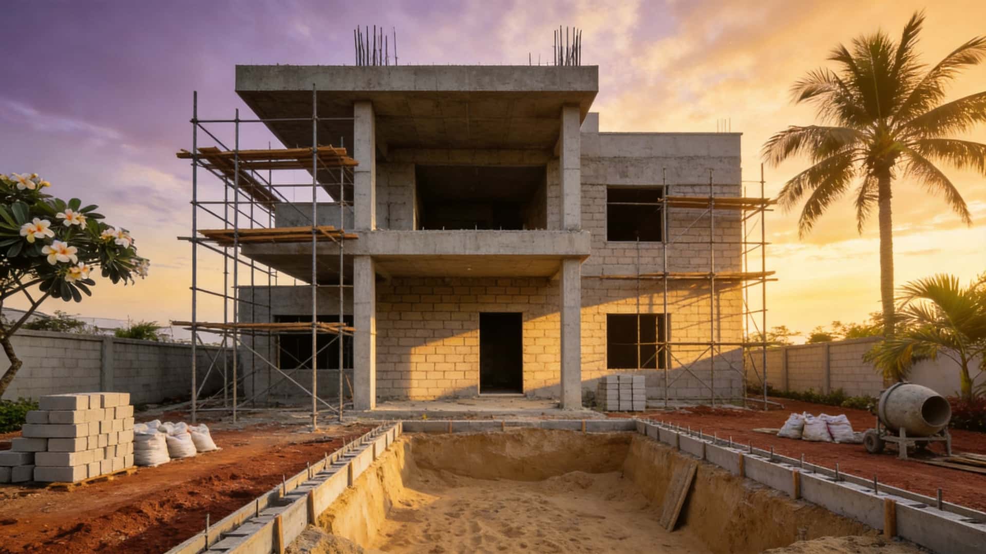 Villa under construction with scaffolding